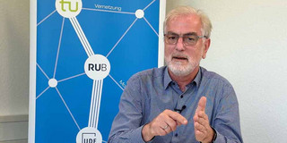 Es ist Professor Johannes Weyer abgebildet der vor einem Plakat des Projekts InnamoRuhr sitzt