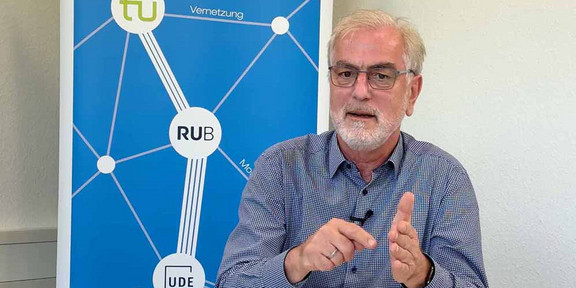 Es ist Professor Johannes Weyer abgebildet der vor einem Plakat des Projekts InnamoRuhr sitzt